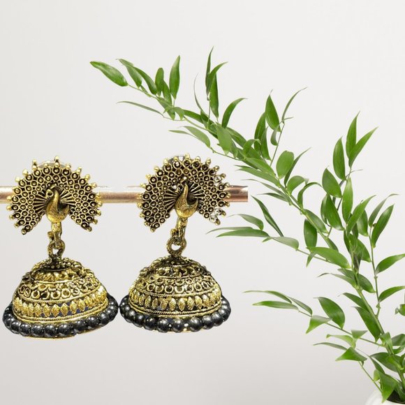 Ethnic Elegant Peacock Black & Gold Danglers - Picture 3 of 3